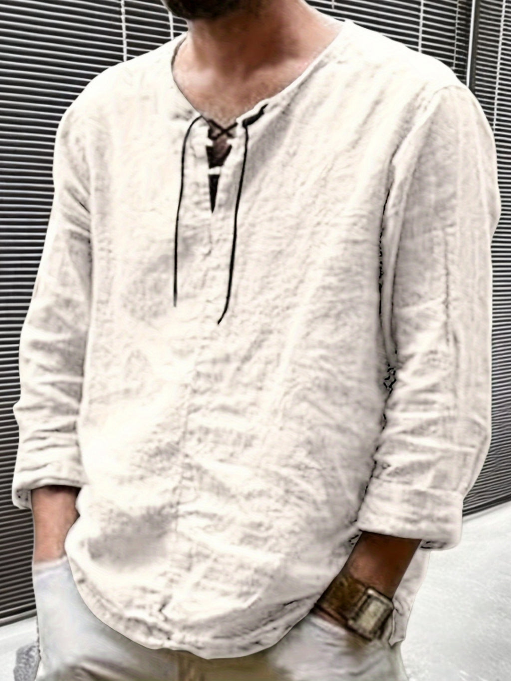 Arne | Chemise homme en coton et lin - manches longues, coupe ample décontractée, col à nouer
