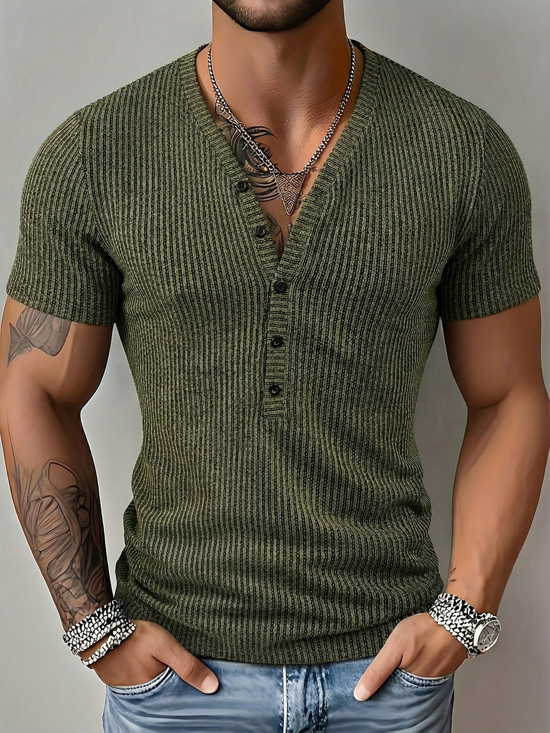 Bion | Heren lente V-hals sportshirt – tweekleurig gestreept sportshirt met korte mouwen