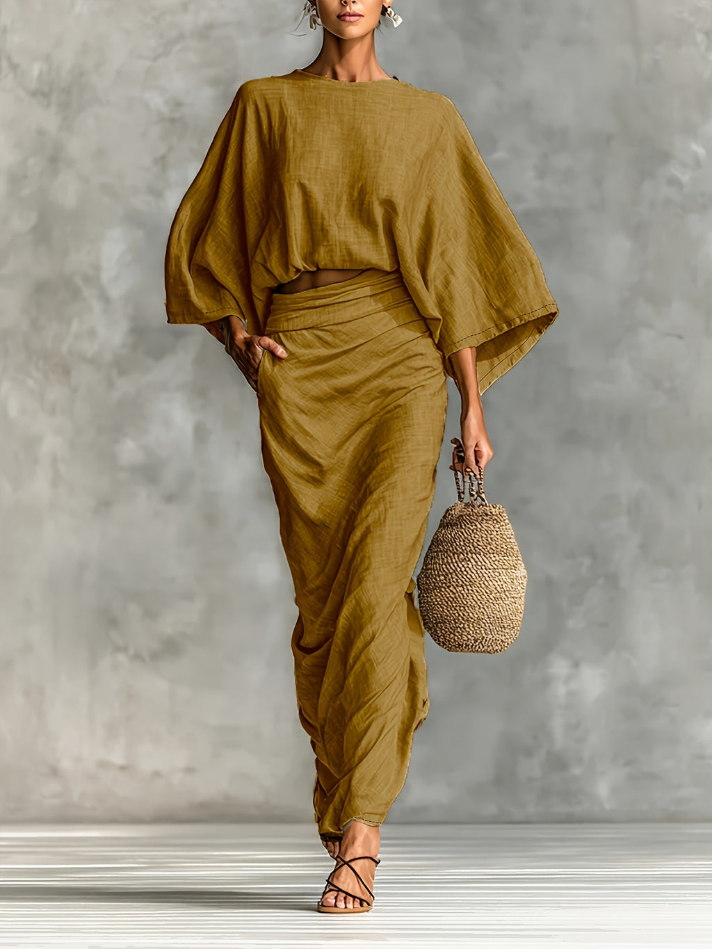 Rhylia | Dames 2-delige set – Crop top met vleermuismouwen en rok, elegante outfit