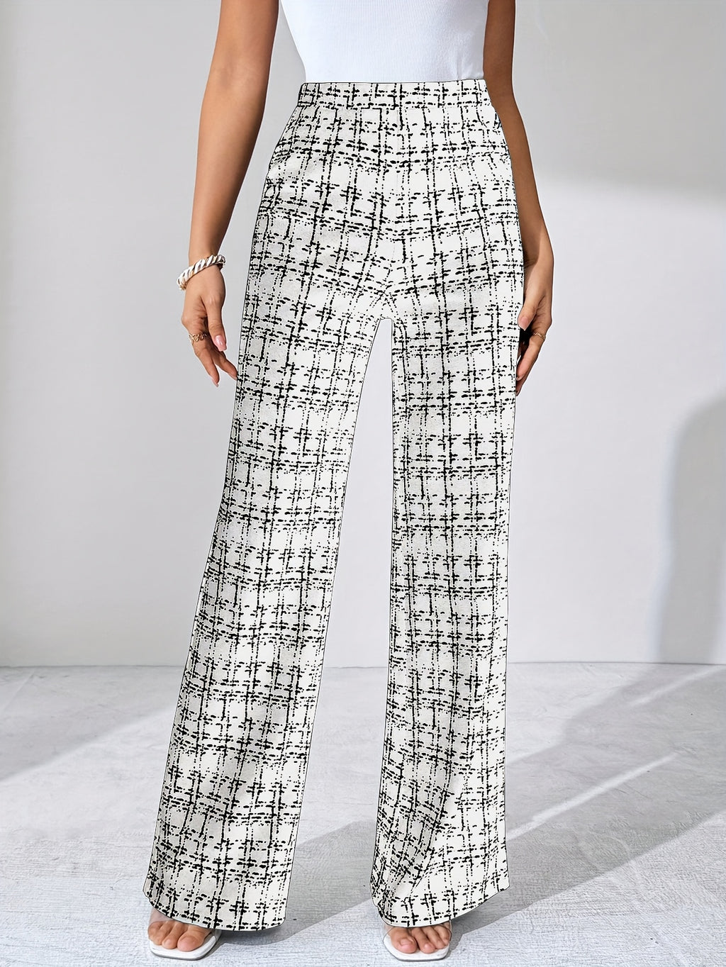 Laverna | Pantalon évasé en tweed à carreaux taille haute pour femme – Pantalon décontracté et extensible à jambes larges