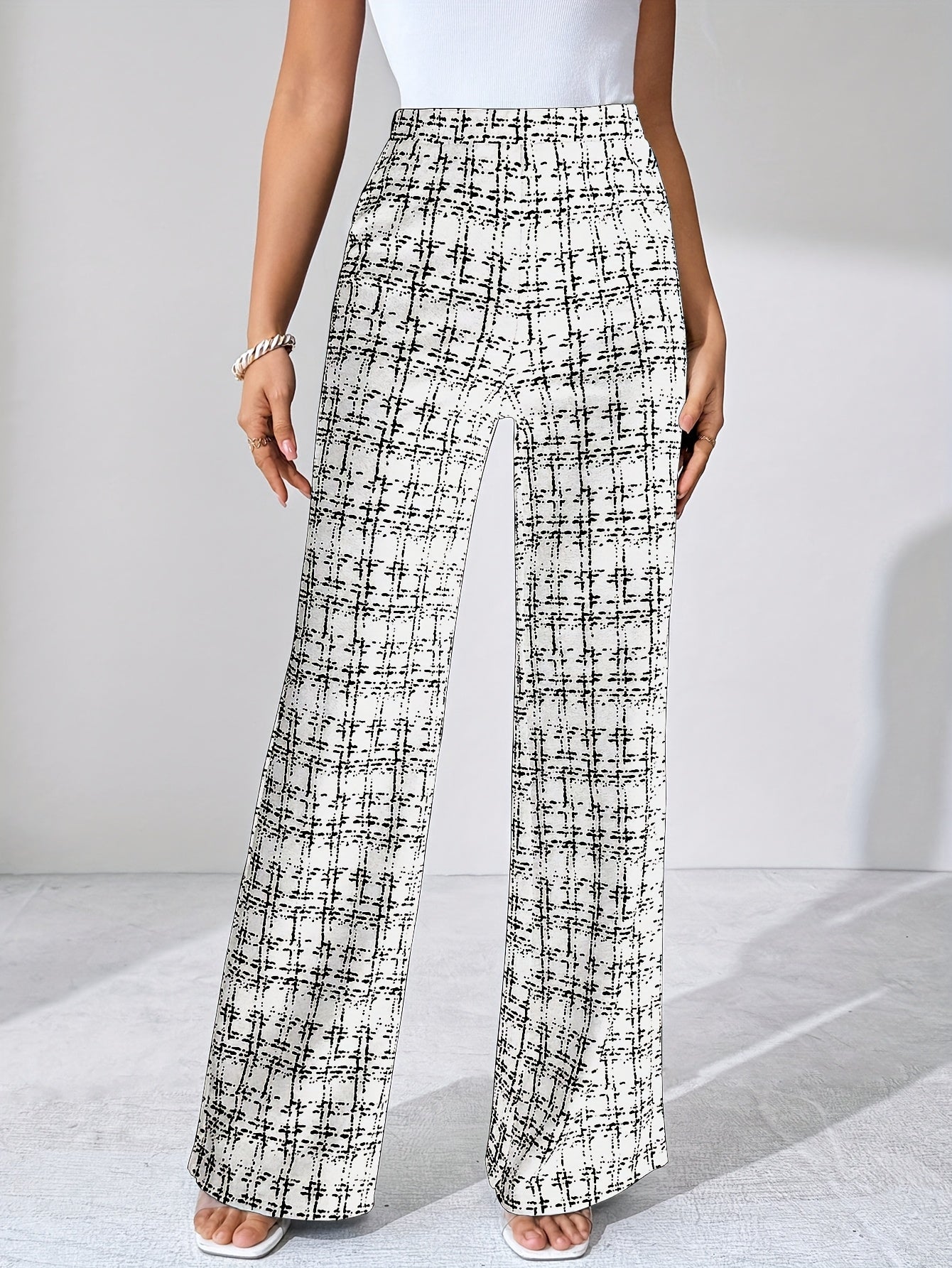 Laverna | Pantalon évasé en tweed à carreaux taille haute pour femme – Pantalon décontracté et extensible à jambes larges