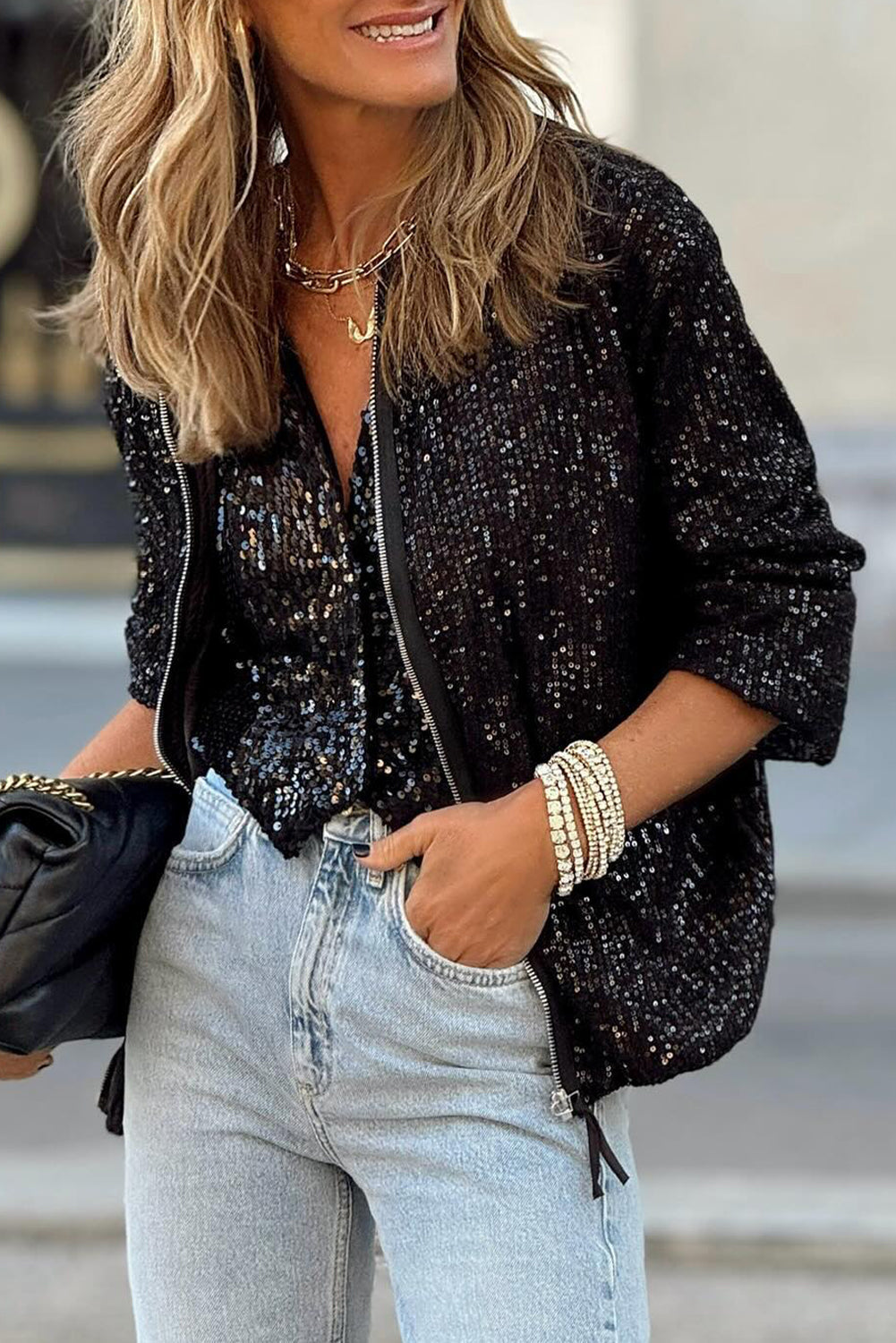 Vaesha | Veste élégante à sequins noirs - vêtement d'extérieur léger, idéal pour la superposition et le style automnal