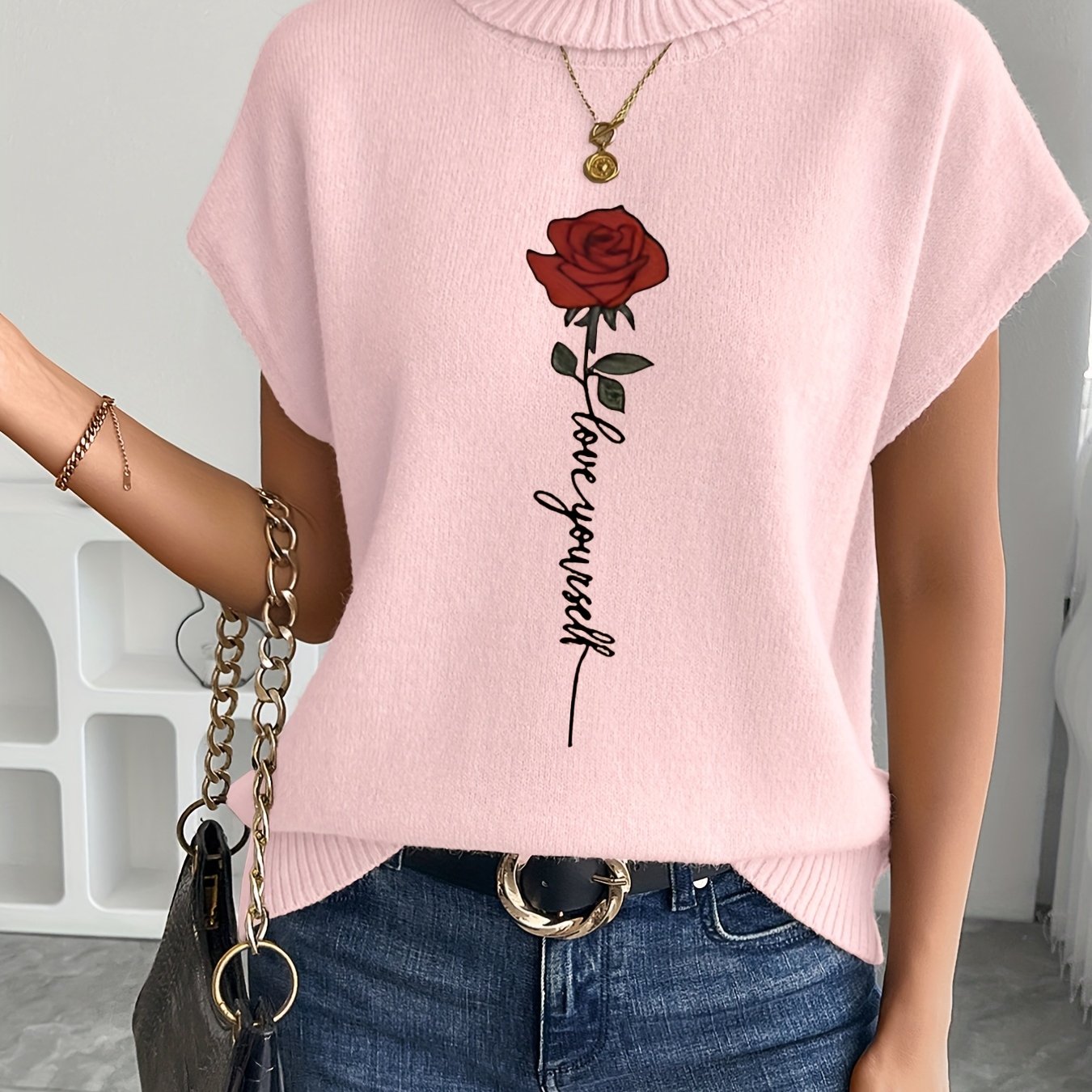 Ienira | Trendy Dames Mouwloos Gebreid Vest met Rozenprint – Losvallende Zomerse Casual Top