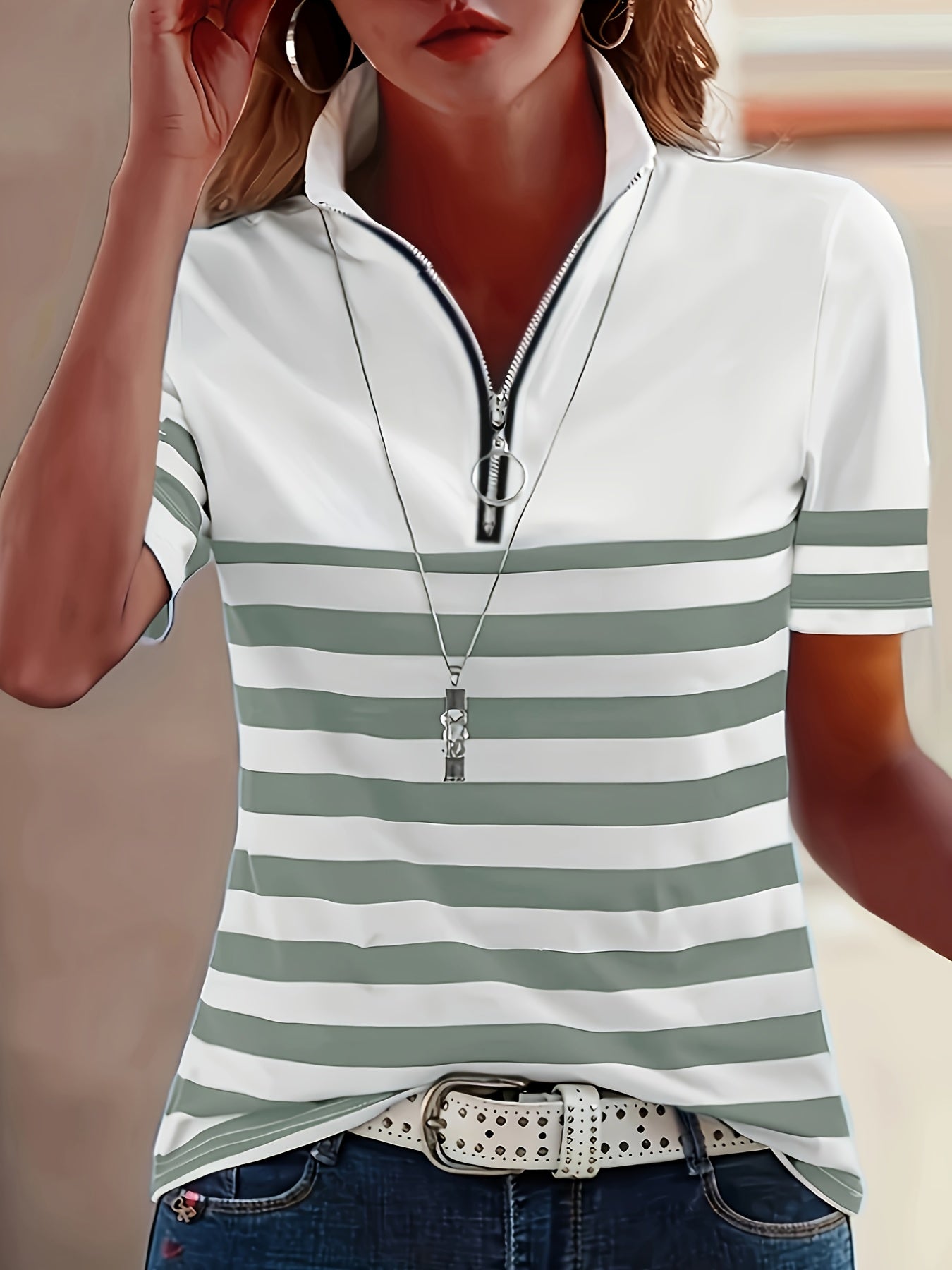 Elanith | Dames Halve Zip Shirt – Korte Mouw, Gestreept, Casual & Sportief Top