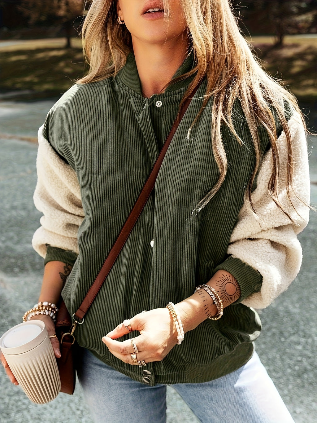 Brivienne | Elegante Jacke mit Baseballkragen und Farbblöcken, warmer Cord, Herbst-/Winterbekleidung