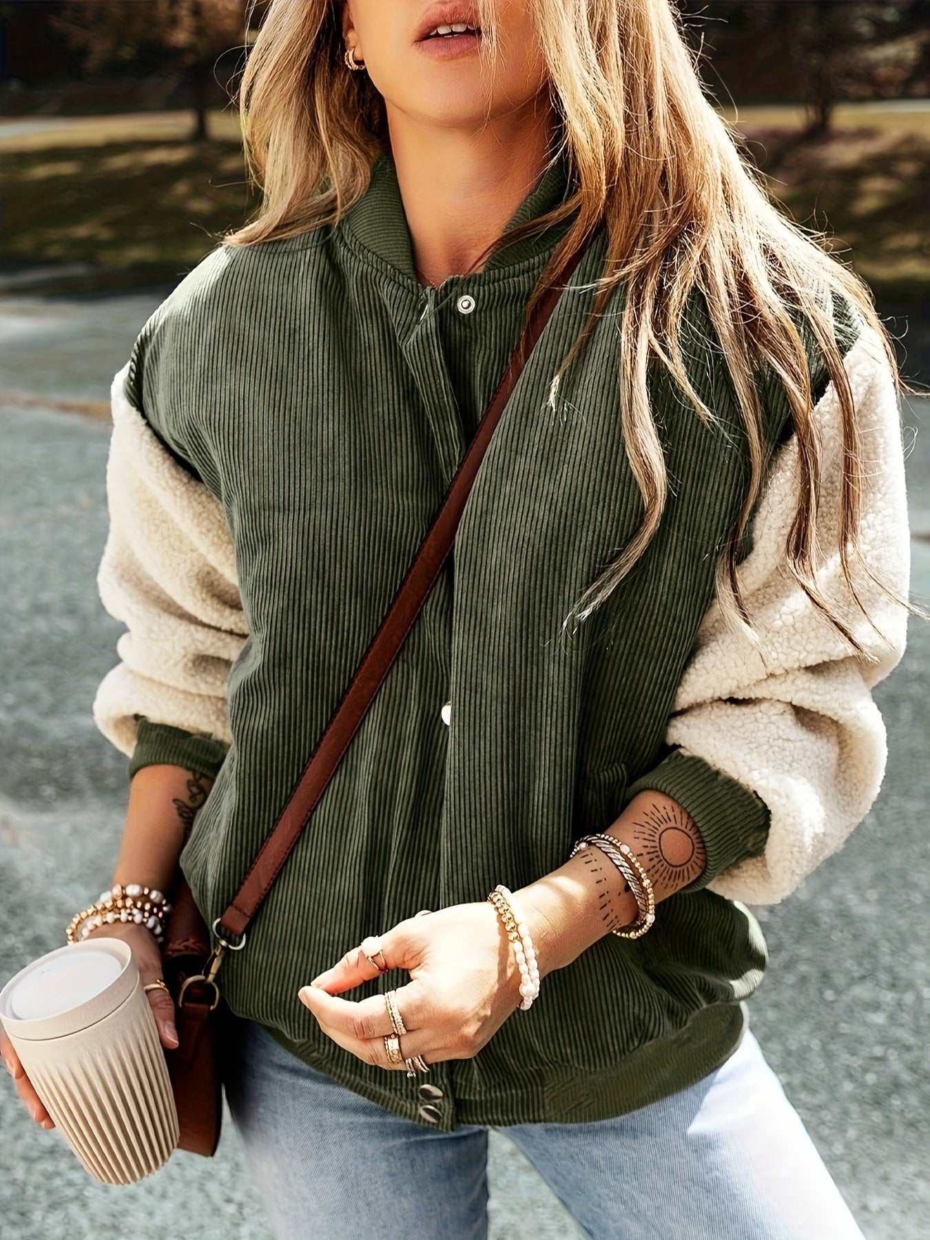 Brivienne | Elegante Jacke mit Baseballkragen und Farbblöcken, warmer Cord, Herbst-/Winterbekleidung