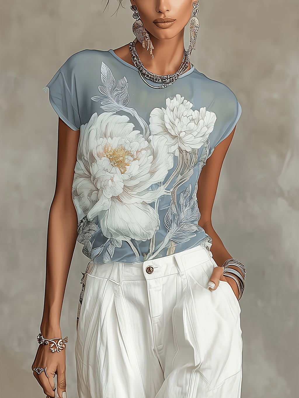 Azelisse | Blauwe chiffonblouse met bloemenprint voor dames – doorschijnende casual zomertop met lange mouwen