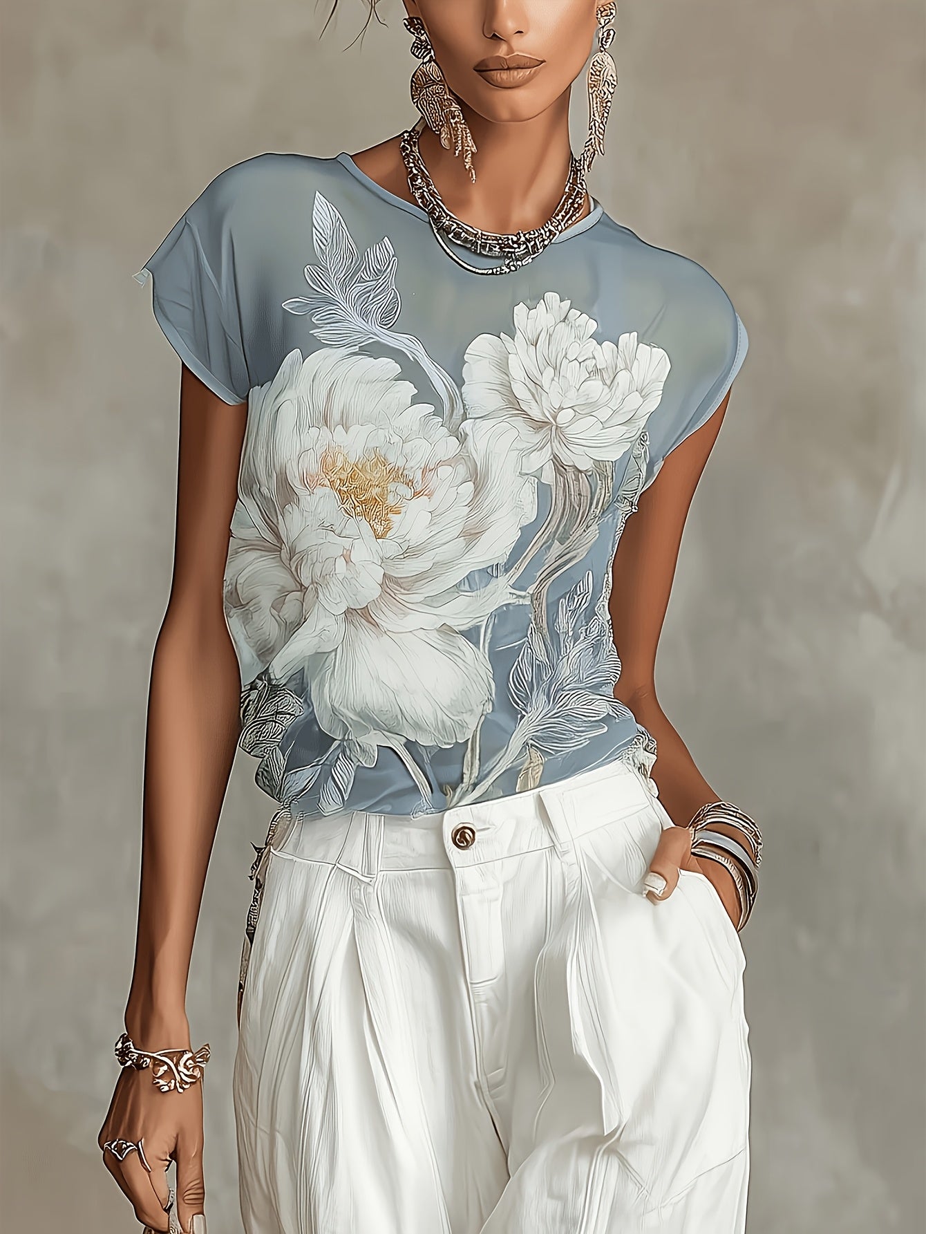 Azelisse | Blauwe chiffonblouse met bloemenprint voor dames – doorschijnende casual zomertop met lange mouwen