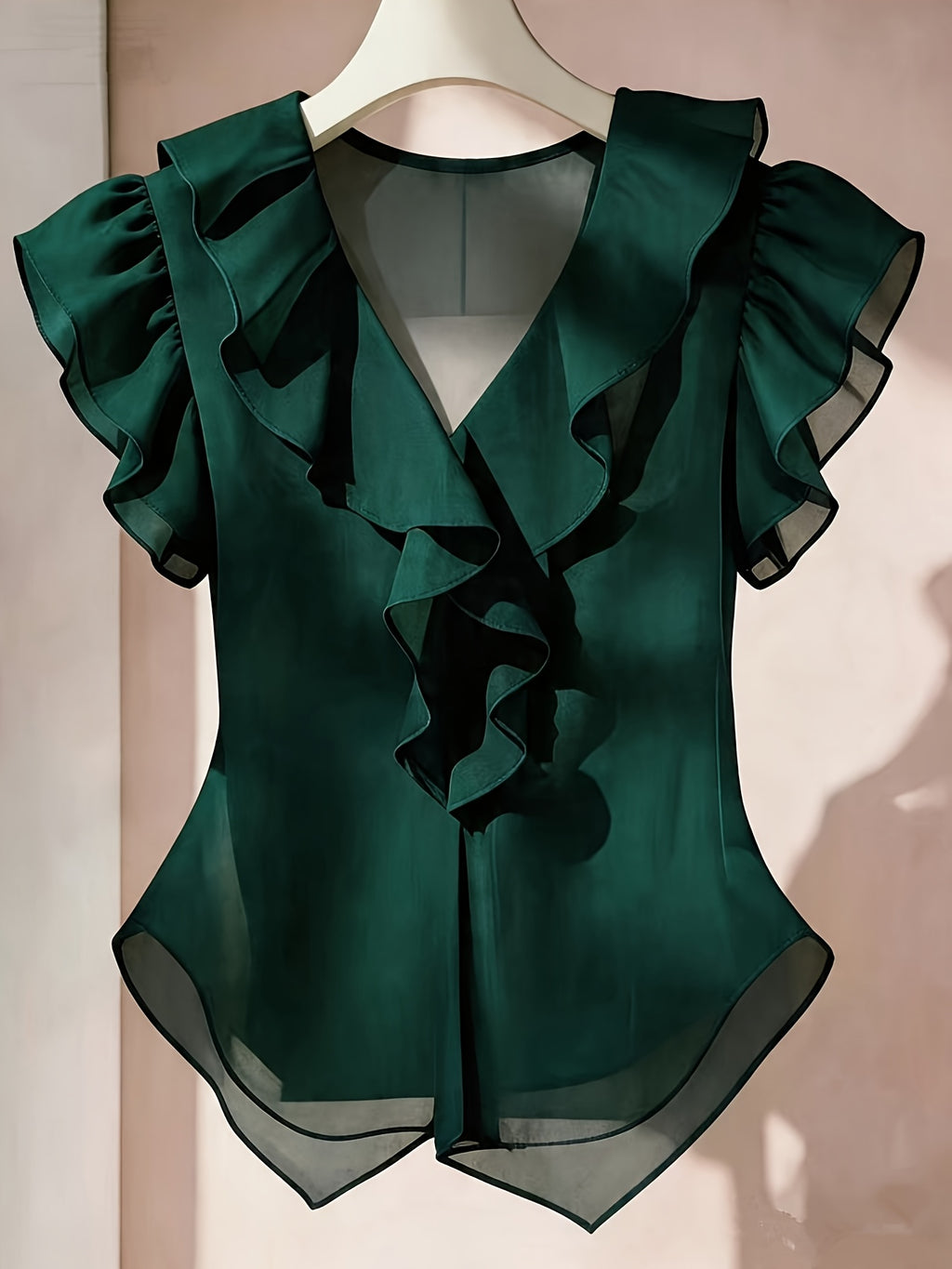 Ionae | Dames zomer chiffon shirt – Franse stijl top met ruches in effen kleur