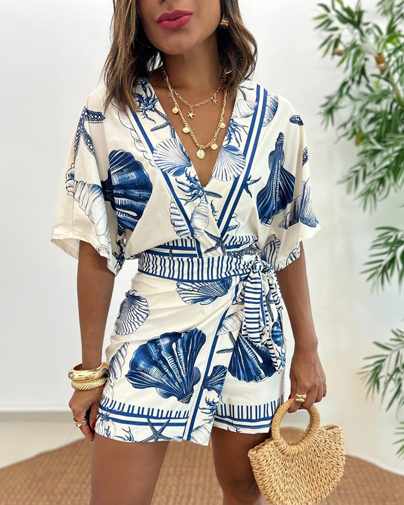 Lyrithia | Jumpsuit met V-hals en strandprint voor dames – Korte zomerjumpsuit