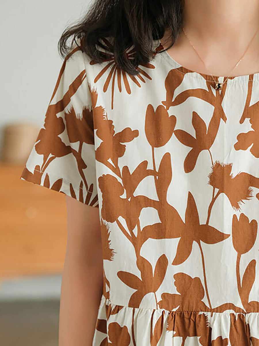 Enyra | Zomerse katoenen zomerjurk met ronde hals en bloemenprint voor dames met een grotere maat