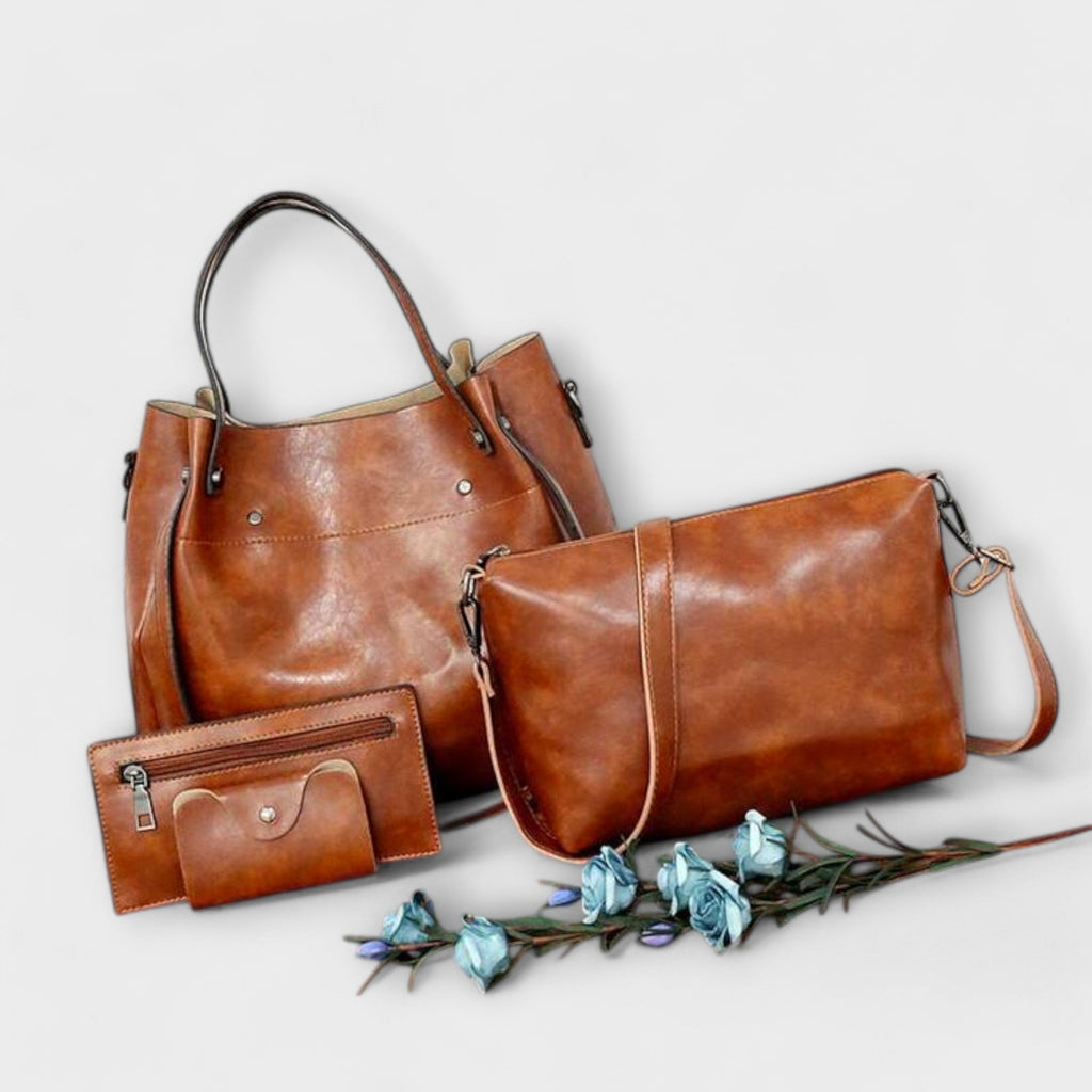 Bagvana | Ensemble de 4 pièces en cuir vintage – sac à main, sac bandoulière, portefeuille et trousse pour femme