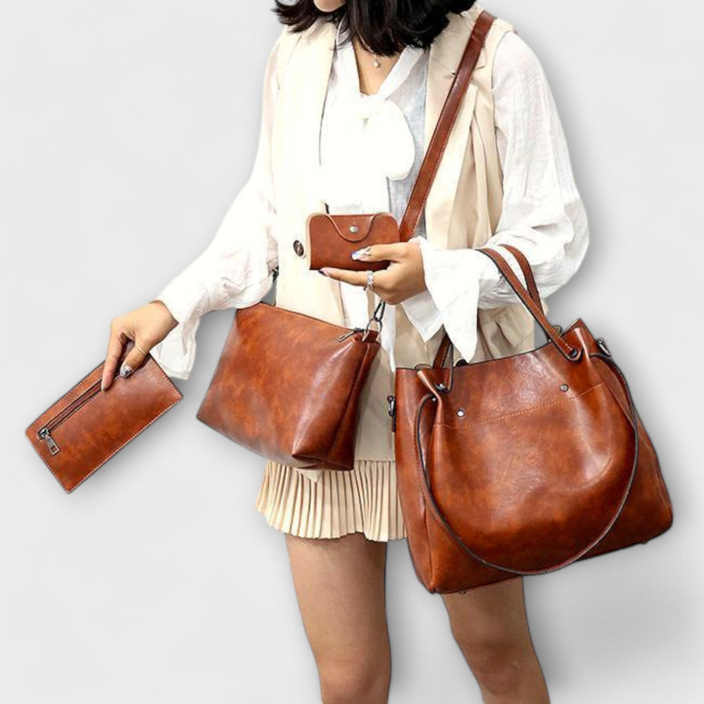 Bagvana | Ensemble de 4 pièces en cuir vintage – sac à main, sac bandoulière, portefeuille et trousse pour femme