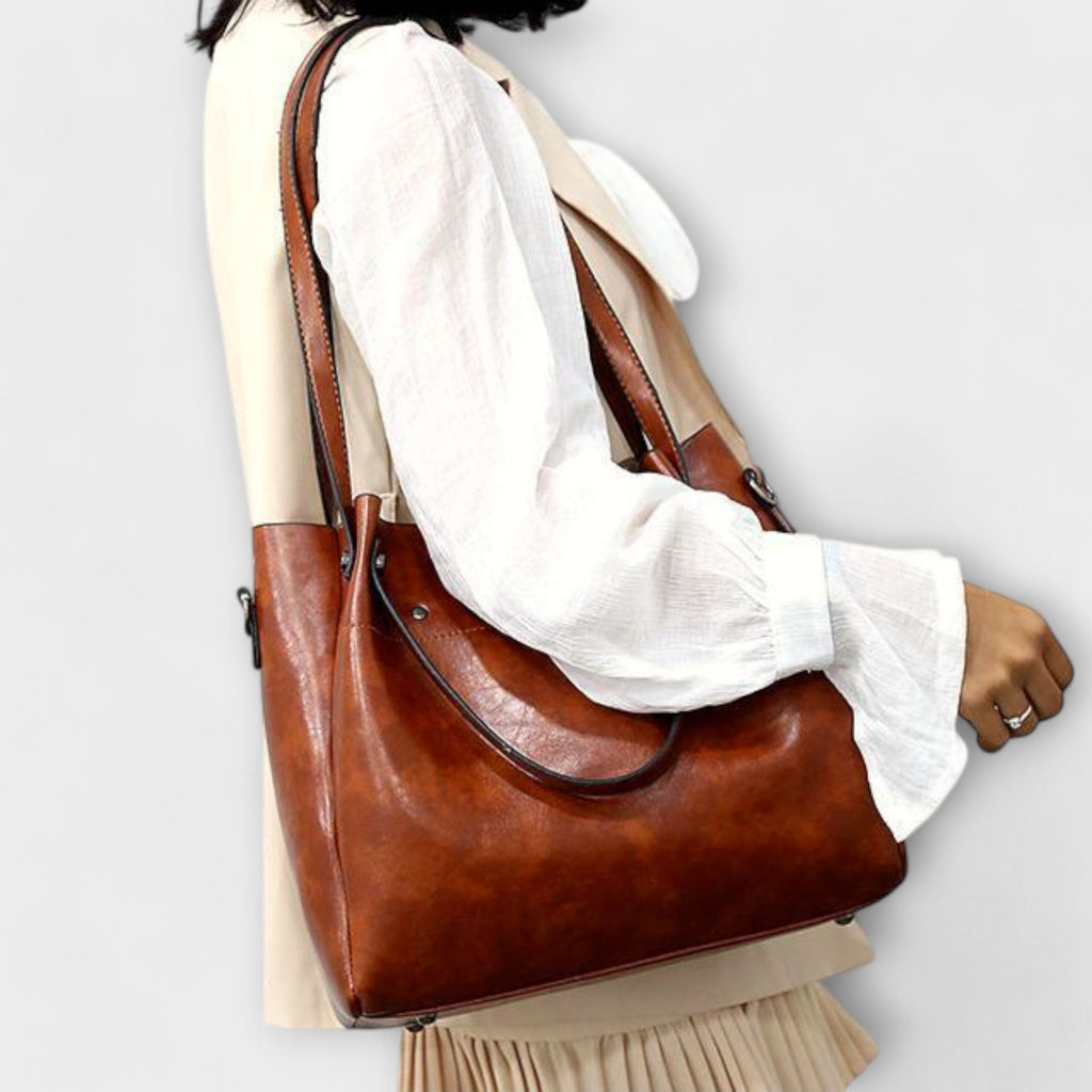 Bagvana | Ensemble de 4 pièces en cuir vintage – sac à main, sac bandoulière, portefeuille et trousse pour femme