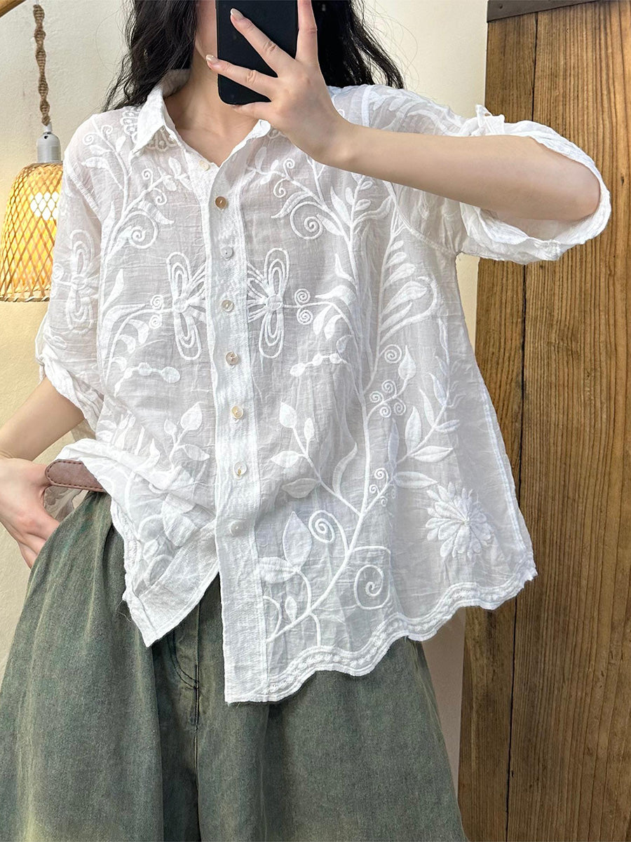 Dravina | Damesblouse van katoen met bloemenborduursel – Blouse met omgeslagen kraag en knoopsluiting