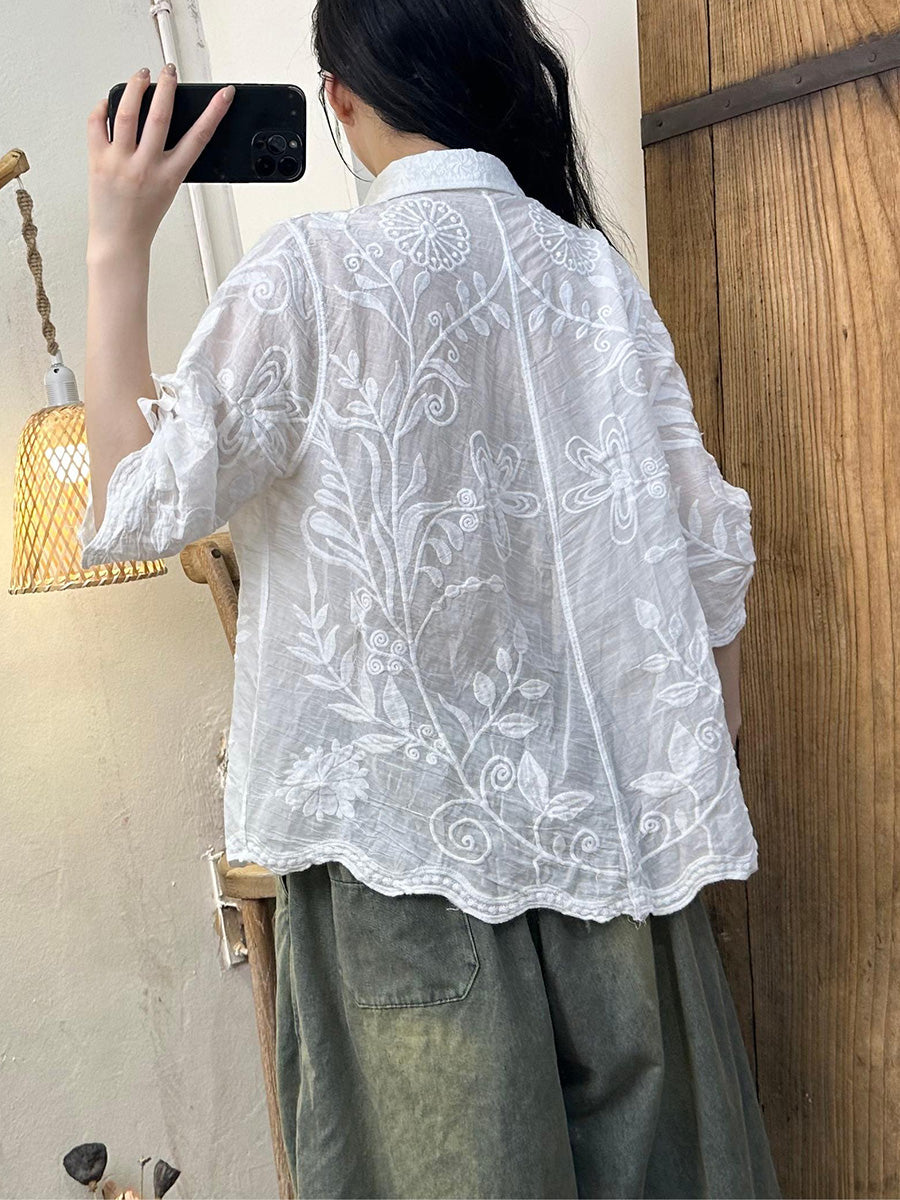 Dravina | Damesblouse van katoen met bloemenborduursel – Blouse met omgeslagen kraag en knoopsluiting