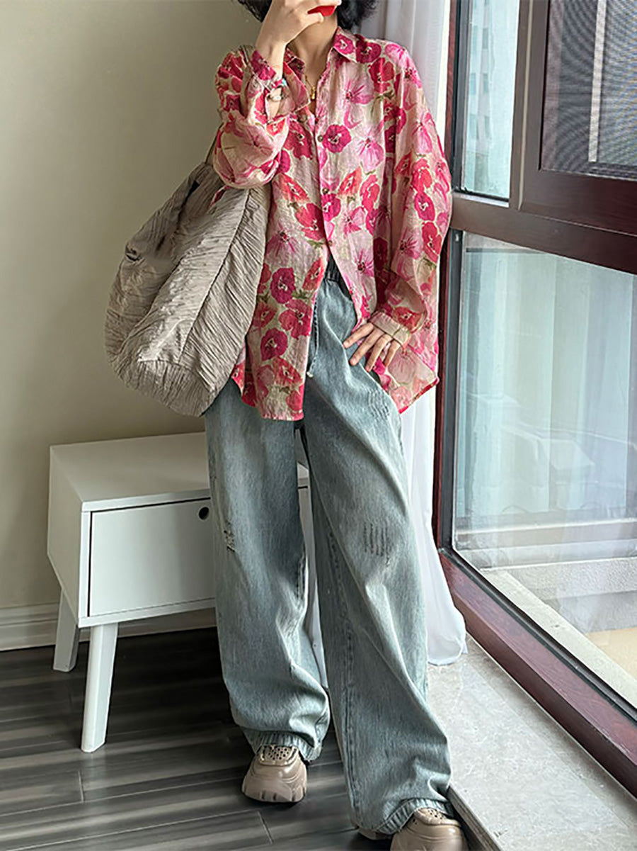 Jelyra | Zomerblouse met bloemenprint in grote maten – Kunstzinnige, casual top met omgeslagen kraag voor dames