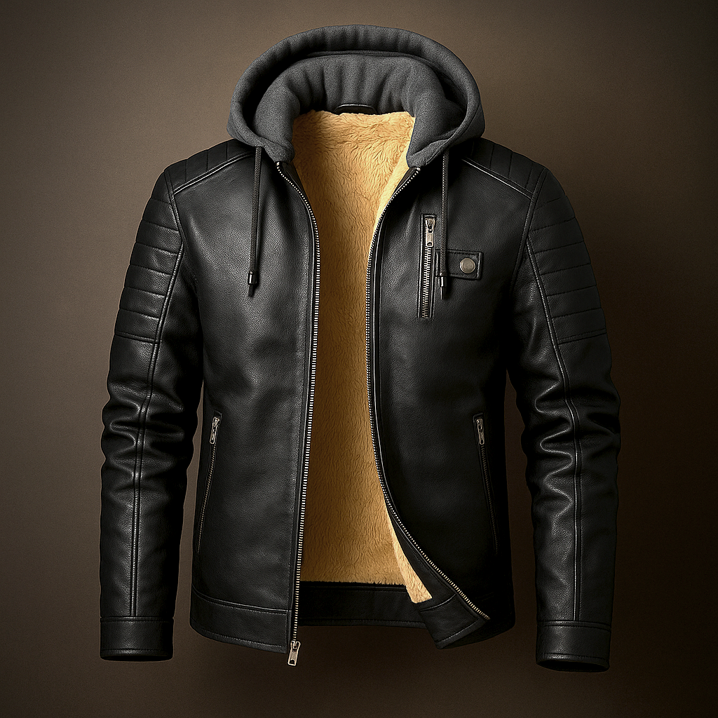 Eryk | Herenleren jas met capuchon, fleecevoering, casual streetwear, buitenkleding voor alle seizoenen