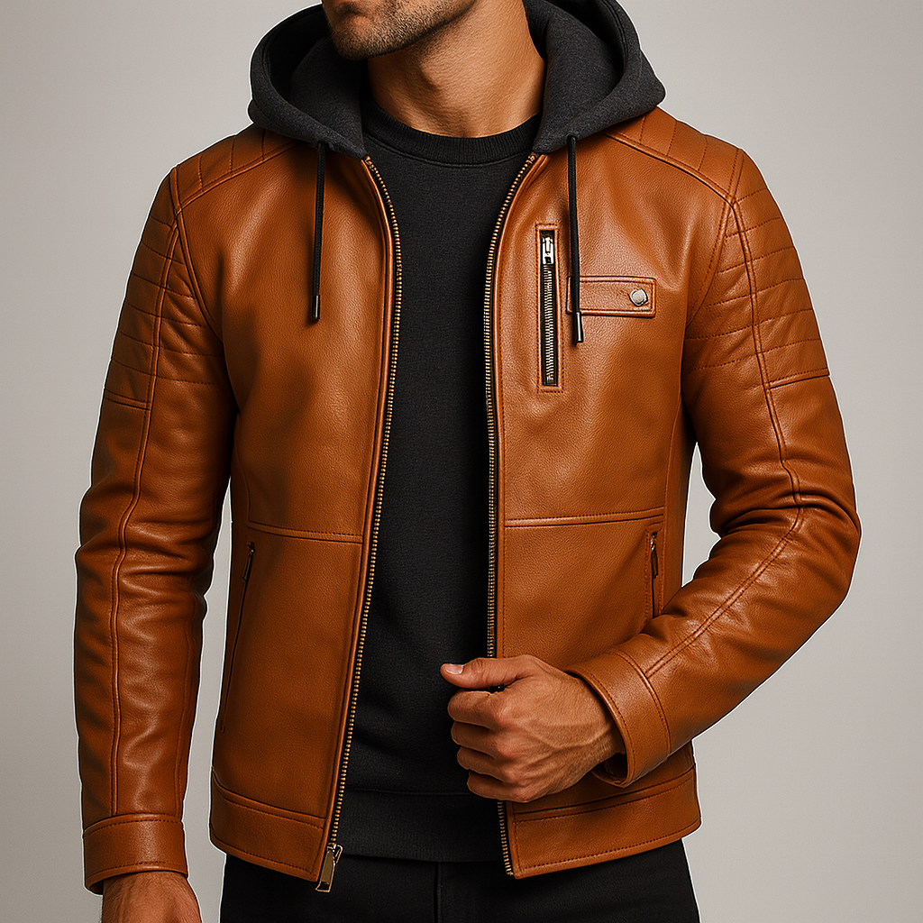 Eryk | Herenleren jas met capuchon, fleecevoering, casual streetwear, buitenkleding voor alle seizoenen