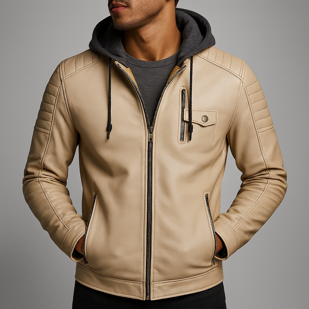 Eryk | Herenleren jas met capuchon, fleecevoering, casual streetwear, buitenkleding voor alle seizoenen