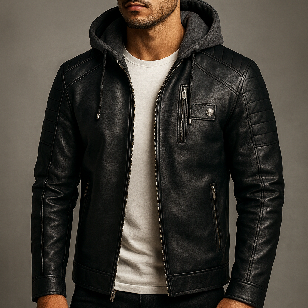 Eryk | Herenleren jas met capuchon, fleecevoering, casual streetwear, buitenkleding voor alle seizoenen