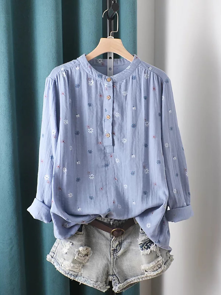 Kynara | Lente-top met bloemenprint voor dames in grote maten – Blouse met opstaande kraag