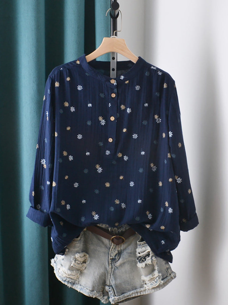 Kynara | Lente-top met bloemenprint voor dames in grote maten – Blouse met opstaande kraag