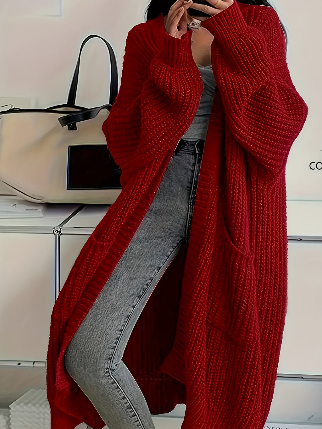 Myvessa | Langer Strickcardigan für Damen – offener, Oversize-Schnitt, lässiger Pullover für Herbst und Winter