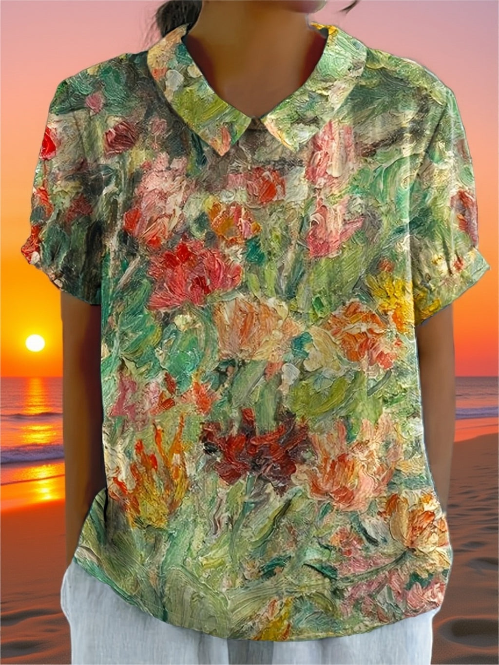 Denira | Vintage bloemenprintshirt voor dames – Casual blouse met korte mouwen, knoopsluiting en kraag