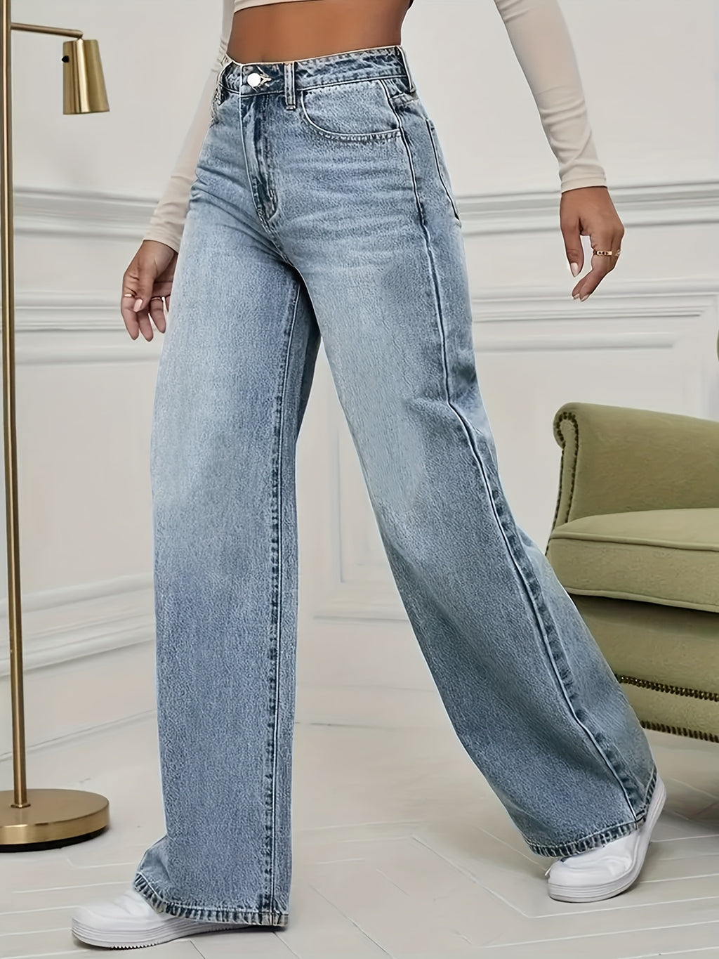 Bryndelle | Hoge taille, rekbare jeans met wijde pijpen – Losse, rechte vintage blauwe denim met zakken
