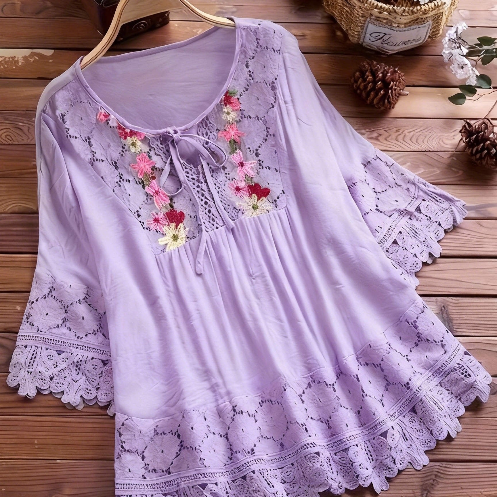 Elarona | Damesblouse met kanten patchwork – Lente/zomer-top met lange mouwen