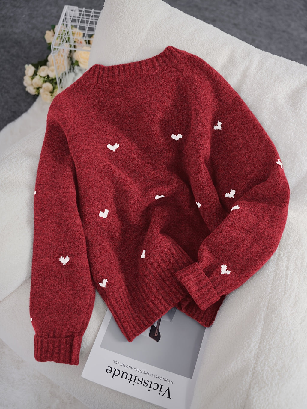 Solenne | Dames trui met hartjespatroon – Minimalistische gebreide pullover, ronde hals, losse pasvorm