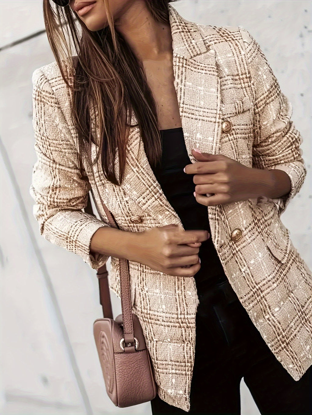Geneviève | Blazer croisé - Élégant manteau en tweed à carreaux et manches longues, idéal pour le bureau et le travail, Vêtements pour femmes
