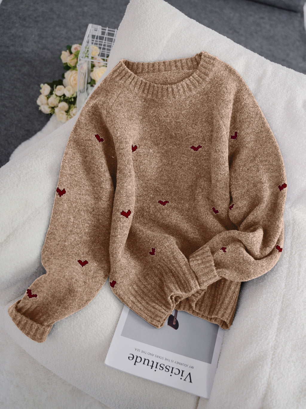 Solenne | Dames trui met hartjespatroon – Minimalistische gebreide pullover, ronde hals, losse pasvorm