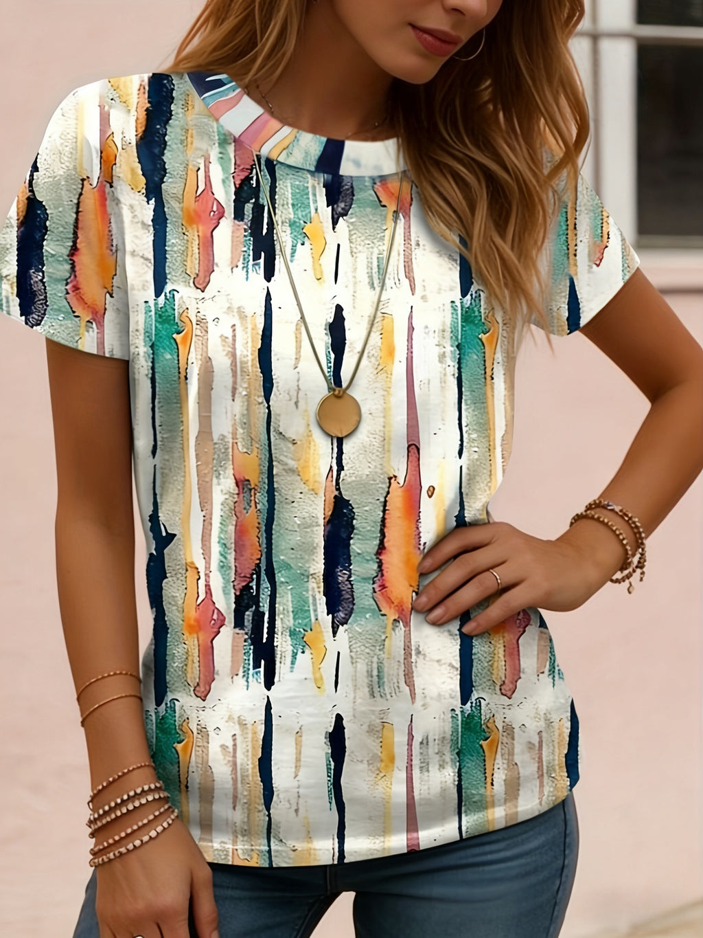 Ienya | Dames-T-shirt met abstracte strepen en grafisch motief – Casual T-shirt met geometrische print, korte mouwen en ronde hals