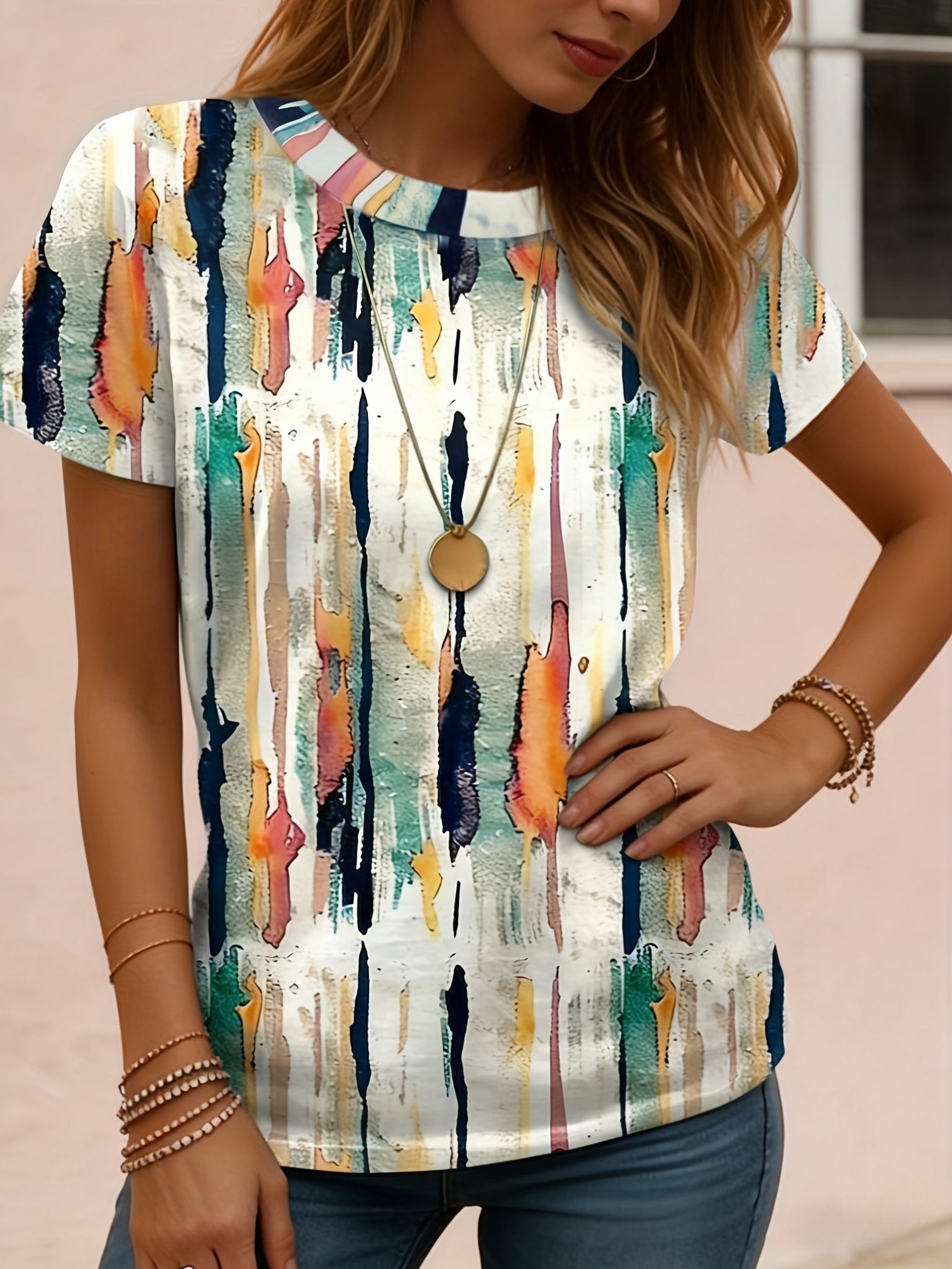Ienya | Dames-T-shirt met abstracte strepen en grafisch motief – Casual T-shirt met geometrische print, korte mouwen en ronde hals
