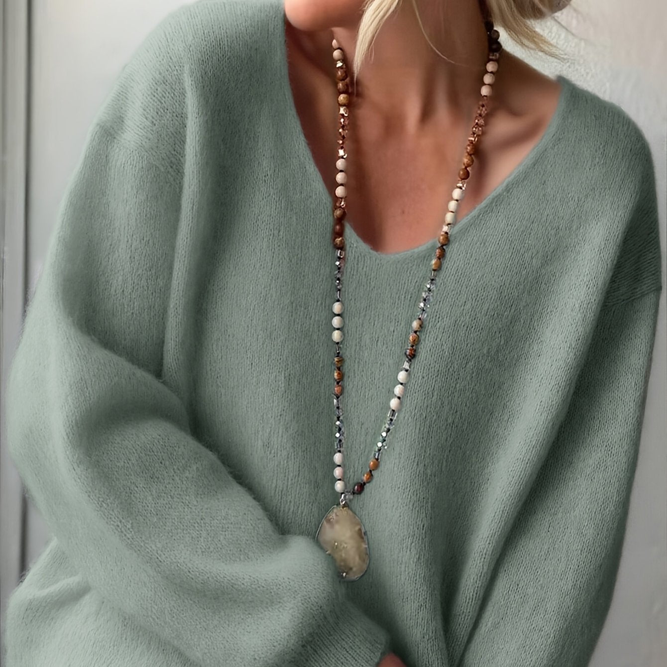 Rhian | Elegante V-hals trui voor dames, lange mouwen, effen kleur, zacht gebreid