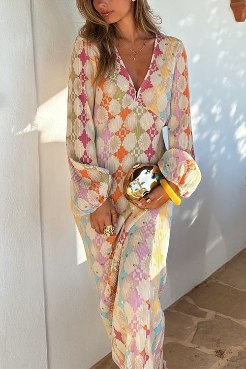Lana | Maxi-jurk voor dames – geometrische print V-hals jurk met lantaarnmouwen