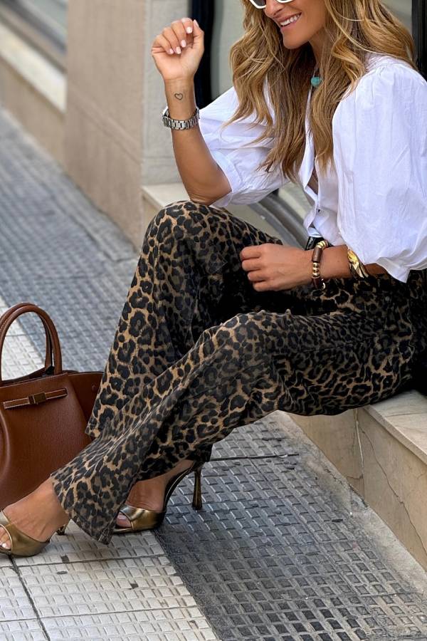 Ceryn | Dames wide-leg jeans met luipaardprint – high-waist denim broek met zakken