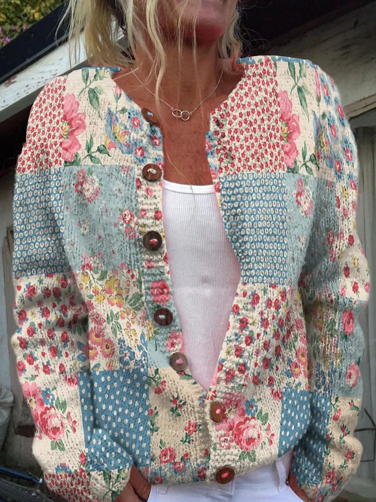 Cerissa | Vintage bloemenvest voor dames, zacht gebreid, relaxte pasvorm, casual laagjes-trui