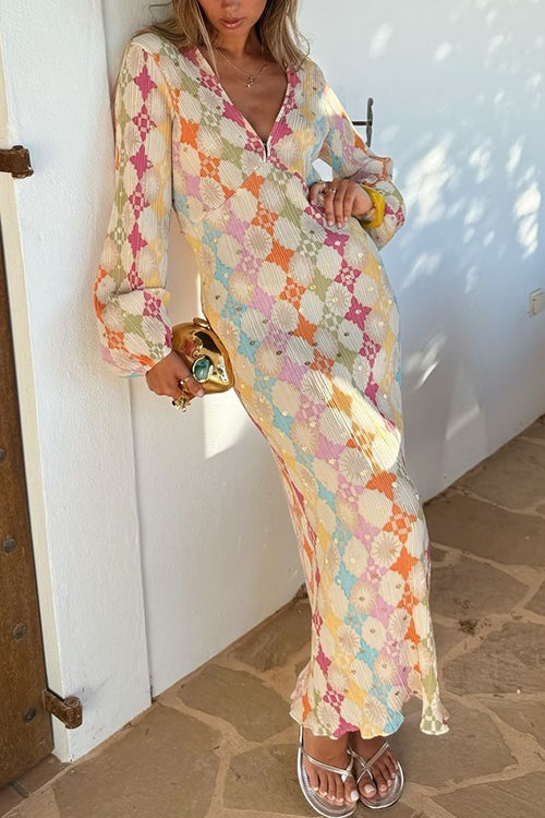 Lana | Maxi-jurk voor dames – geometrische print V-hals jurk met lantaarnmouwen
