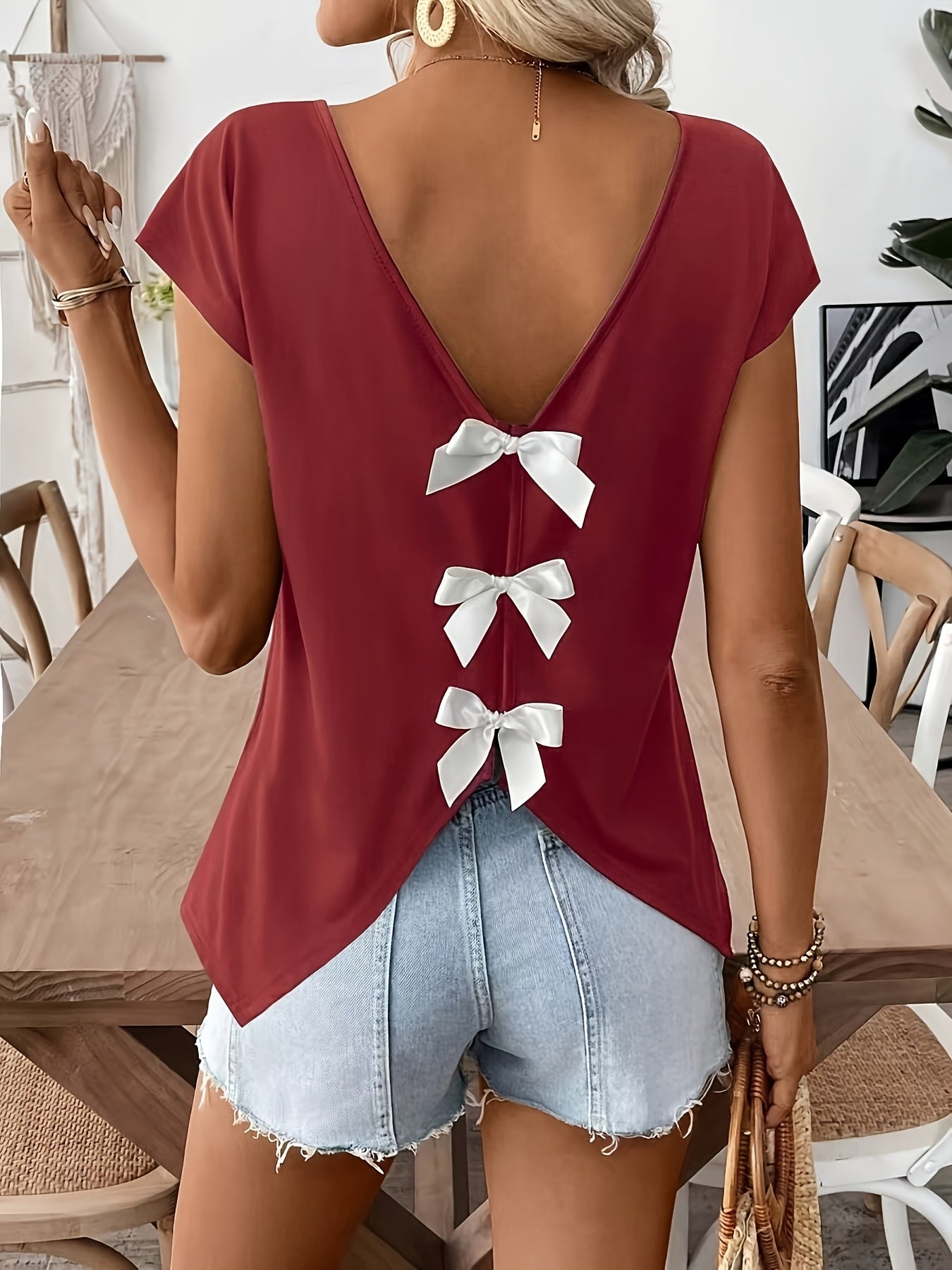 Risa | Casual T-shirt met strikdetail voor dames, korte mouwen, vakantie