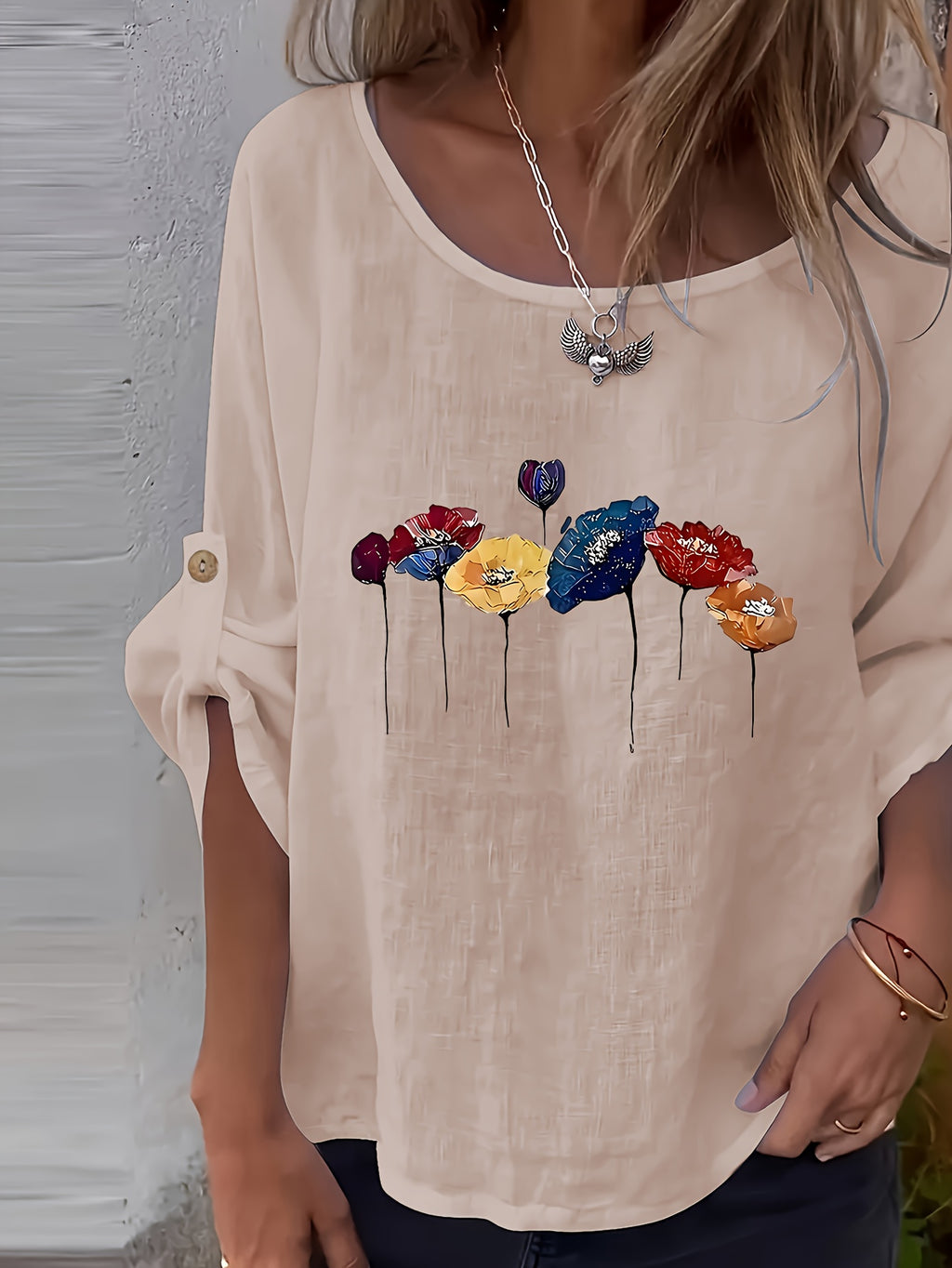 Lunelle | Elegant dames-T-shirt met bloemenprint en ronde hals – Casual, losse pasvorm, knoopjes, lente