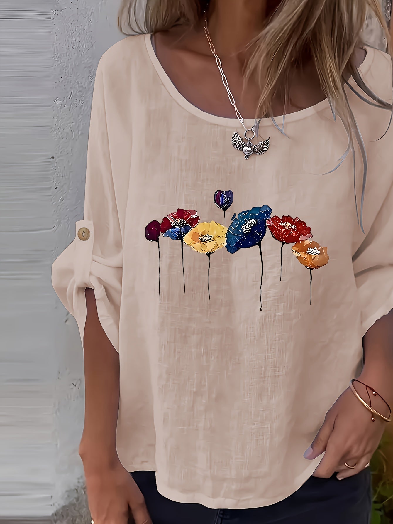 Lunelle | Elegant dames-T-shirt met bloemenprint en ronde hals – Casual, losse pasvorm, knoopjes, lente