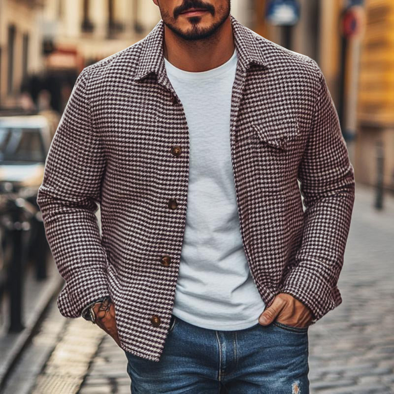 Drayven | Retro herenoverhemdjasje met houndstooth-patroon – Vintage casual jas met lange mouwen
