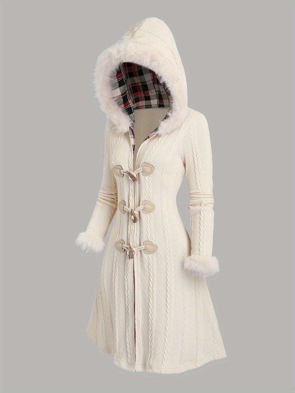 Belisse | Veste à capuche à carreaux style années 2000, fermeture boutonnée, bordure en fausse fourrure