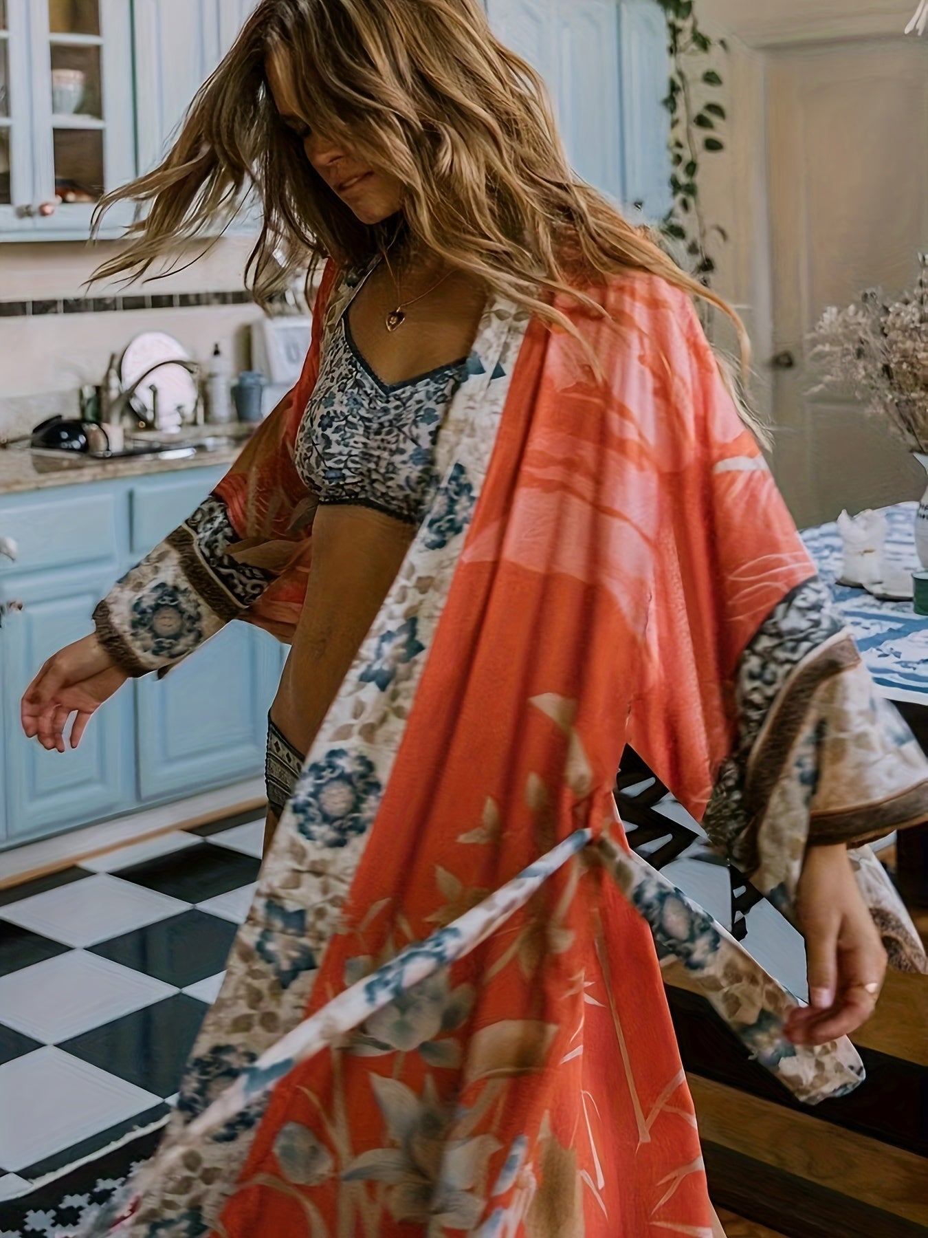 Emmeline | Kimono met bloemenprint voor dames – rode bloemen boho lichtgewicht zomer kimono cardigan