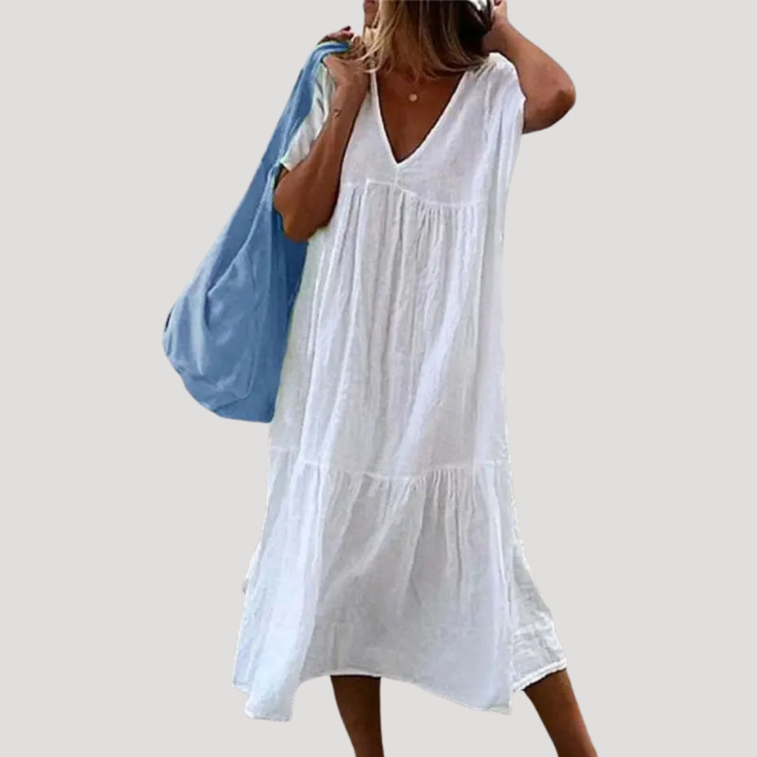 Valeriah | Linnen-Cotton Midi Jurk – V-Hals, Lichte Casual Zomerjurk met Gelaagde Rok