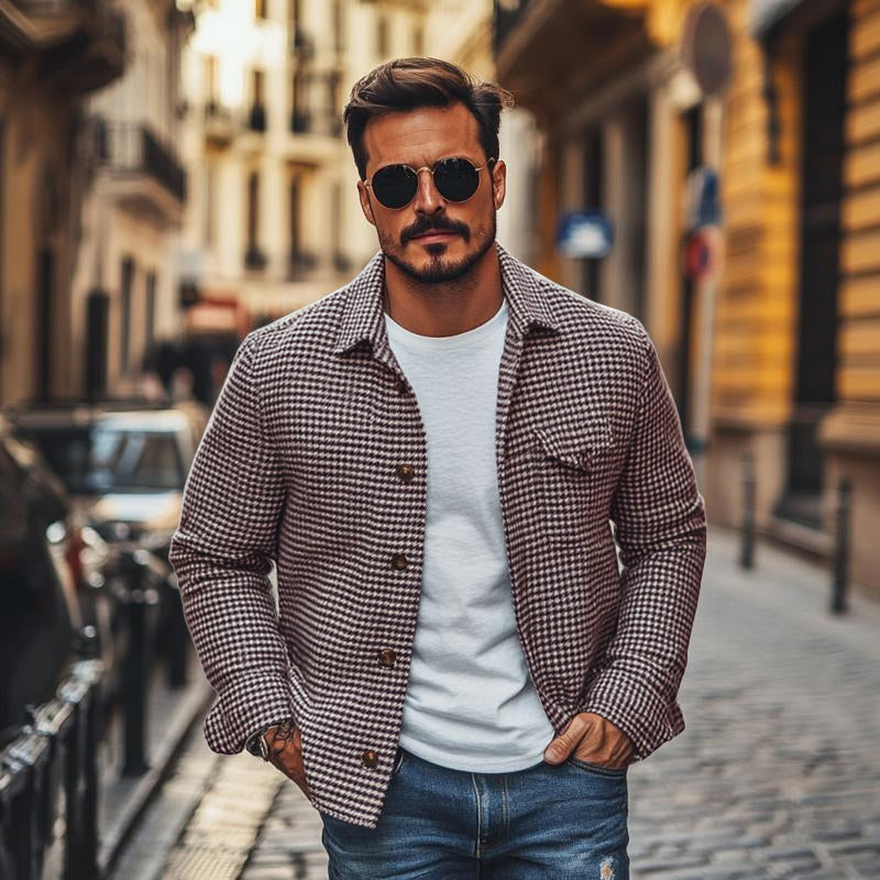 Drayven | Retro herenoverhemdjasje met houndstooth-patroon – Vintage casual jas met lange mouwen