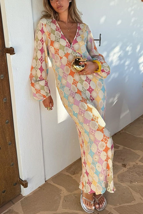 Lana | Maxi-jurk voor dames – geometrische print V-hals jurk met lantaarnmouwen